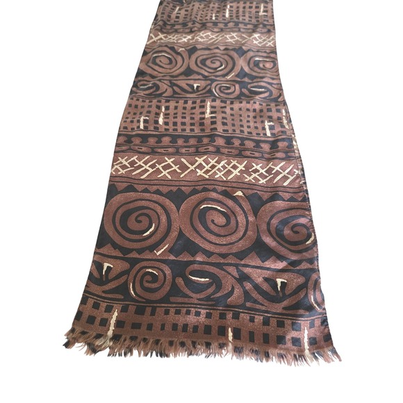 Studio York Accessories - Studio New York 100% Silk Scarf Brown Black Tribal Geometric Print Fringed Korea